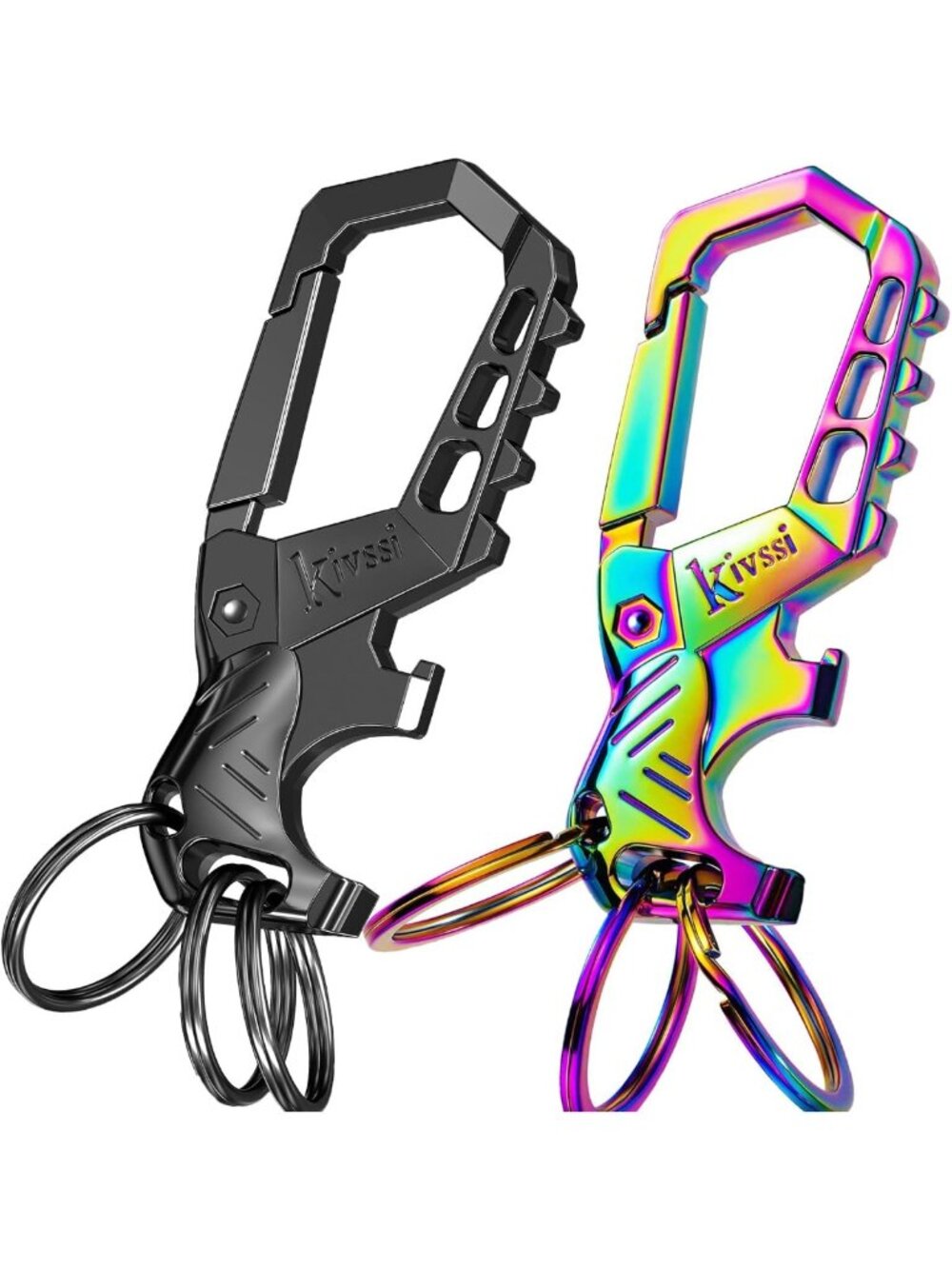 Durable Metal Keychains with Carabiner Clip, Bottle Opener & 3 Key Rings